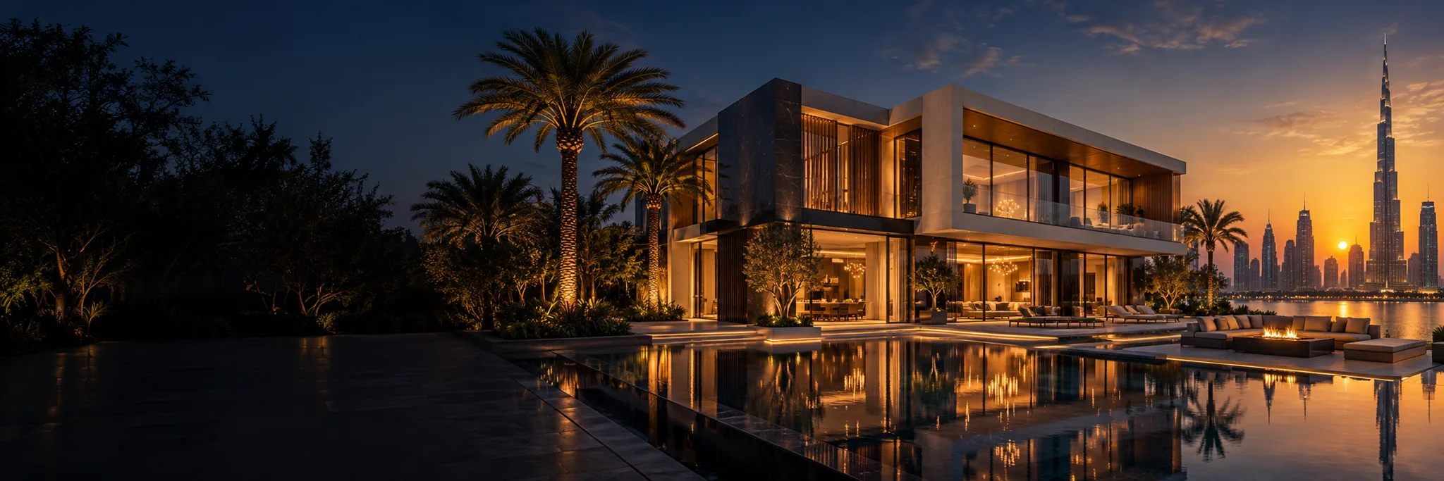 Architectural concept of a contemporary villa at dusk